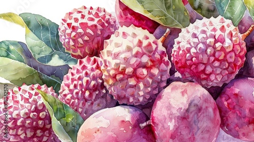 Vivid watercolor of lychees piled up, their bumpy pink skin and shiny white flesh contrasting strikingly with the dark leaves around them