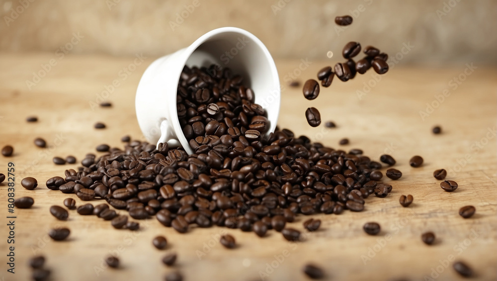 Naklejka premium Coffee beans spill from white cup