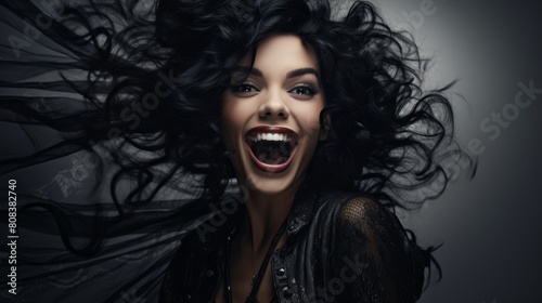 Dramatic portrait of a woman with wild hair and an intense expression