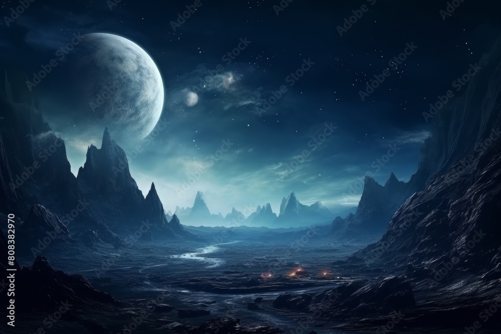 Otherworldly alien landscape with towering mountains and a large moon in the night sky Otherworldly alien landscape with towering mountains and a large moon in the night sky