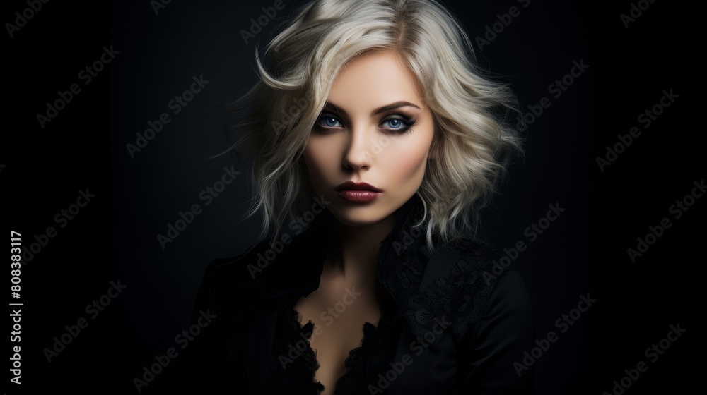 Mysterious and alluring blonde woman with smoky eye makeup