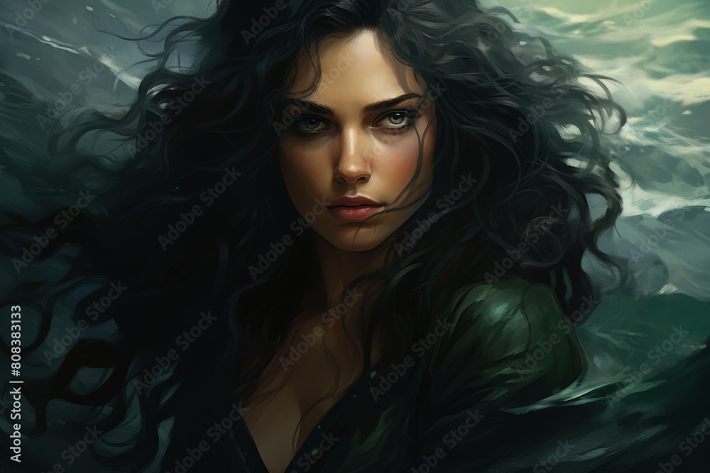 Mysterious woman with flowing dark hair