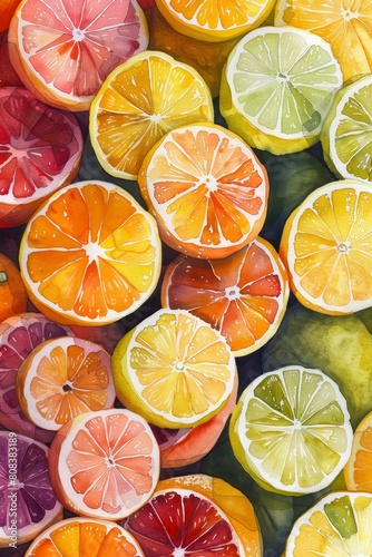 Watercolor depiction of a bowl filled with citrus fruits  each slice glowing in vivid orange  yellow  and pink shades  radiating freshness