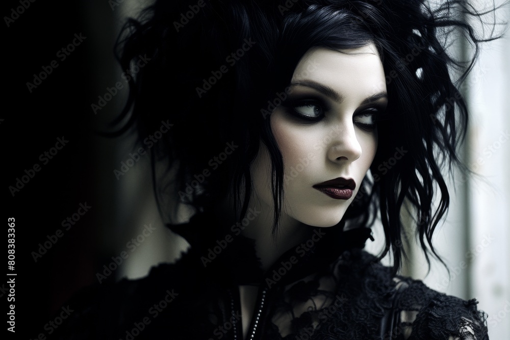 mysterious dark-haired woman with intense gaze mysterious dark-haired woman with intense gaze