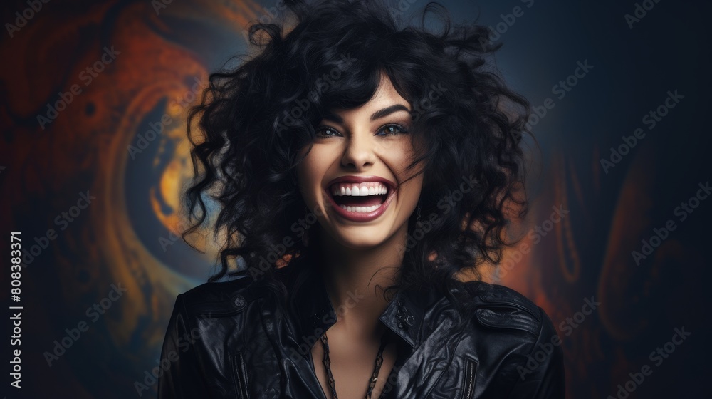 Energetic woman with curly hair laughing