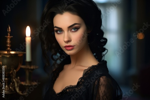 Elegant woman in black lace dress posing by candlelight © Balaraw