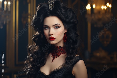 Elegant woman with dark hair and red lips