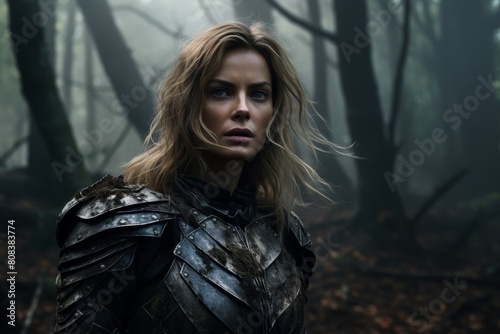 Fierce warrior woman in dark forest