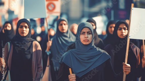 group of women in hijab at a protest with signs photo