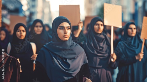 group of women with hijab at a protest with blank posters of the day in high resolution photo