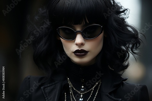 mysterious woman with dark hair and sunglasses