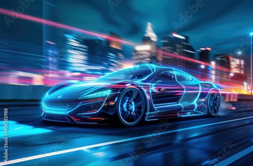 Electric car running at high speed against purple neon city background.