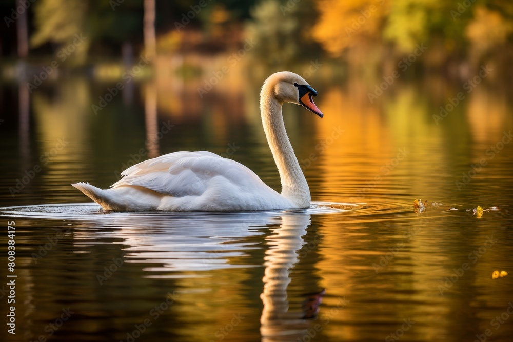 Fototapeta premium Graceful swan swimming in golden sunset waters