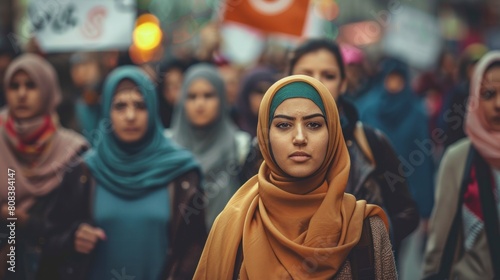 group of women with hijab in a daytime protest in high resolution and quality