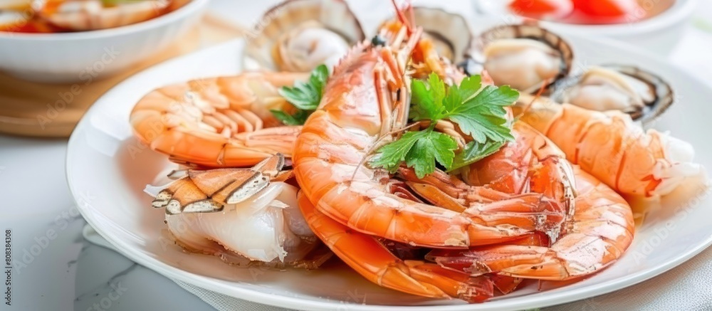 A wide variety of fresh and delicious seafood on a large plate. A wide variety of fresh and delicious seafood on a large plate.