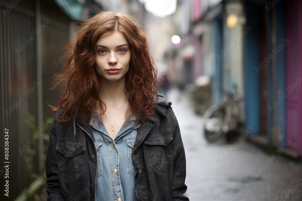 young woman with curly red hair standing in alley