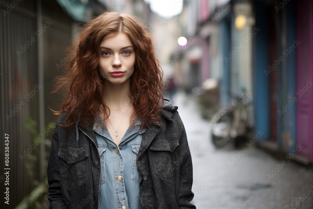 young woman with curly red hair standing in alley young woman with curly red hair standing in alley