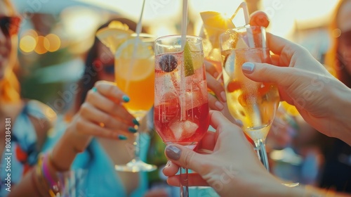 Group of people celebrating toasting with cocktails - cropped detail with focus on hands - lifestyle concept of people, drinks and alcohol