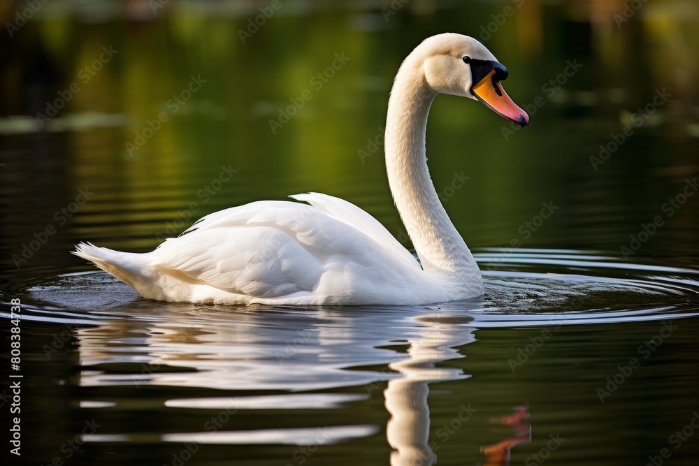 Fototapeta premium Elegant white swan swimming in a tranquil pond