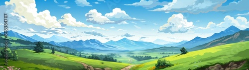 Scenic mountain landscape with rolling green hills and blue sky