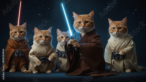 A playful feline draped in a vibrant blue lightsaber, mimicking the iconic pose of a Jedi warrior, poised to fight for justice with its cosmic energy. photo