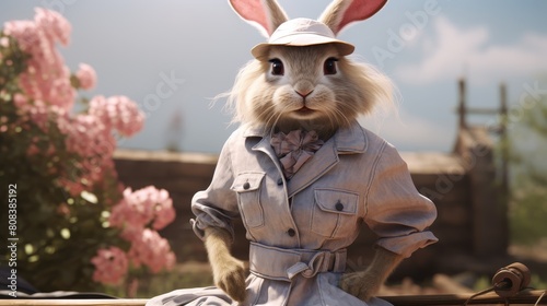 Adorable rabbit wearing a hat and coat in a garden photo