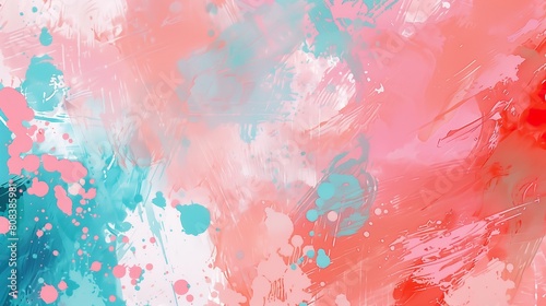 Abstract art with lively wet brush strokes and spots in coral pink and aqua blue photo