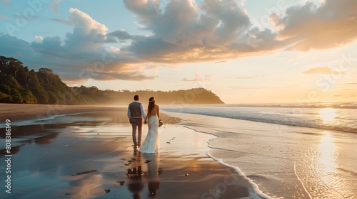 Wide shot image of newly weds walking on beach photo