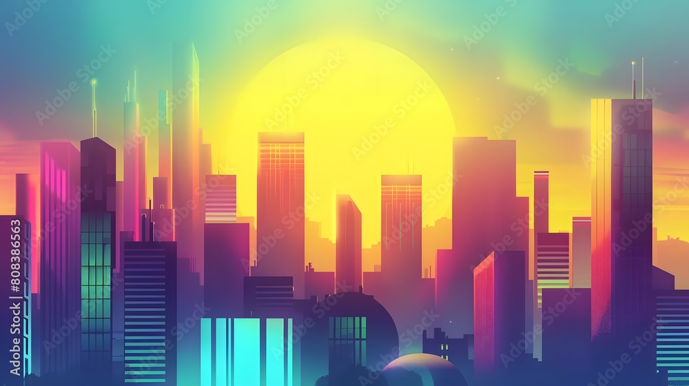 retro sunset over a futuristic city skyline with bright colors and a hazy glow