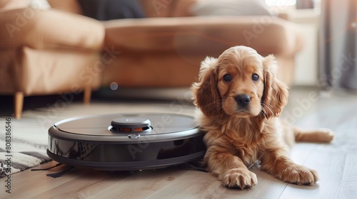 Advertising photo with dog and vacuum cleaner concept photo