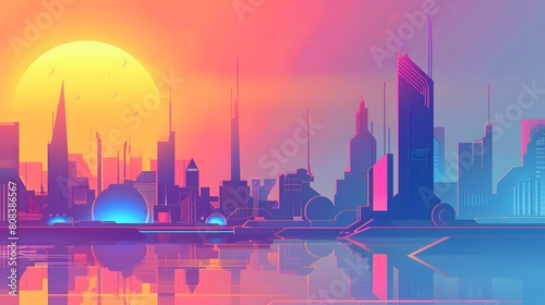 retro sunset over a futuristic city skyline with bright colors and a hazy glow photo