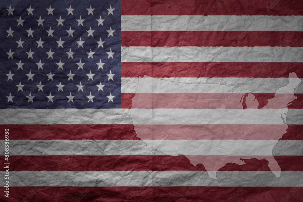 Φωτογραφία big national flag and map of united states of america on a grunge old paper text