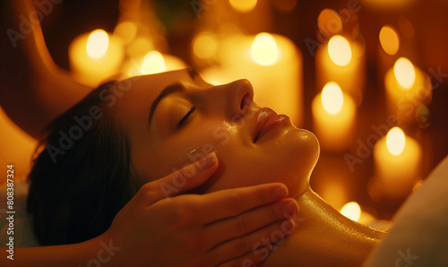 Woman enjoying relaxing spa massage in a warm atmosphere with candle light, generated ai © emilio100