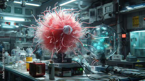 Futuristic laboratory experiment with a vivid, complex neural structure in a high-tech scientific research environment.
 photo