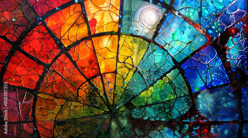 Stained glass-style artwork featuring colorful  interconnected circles on a geometric background in a blend of cool and warm hues