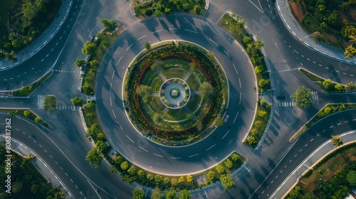 Urban Symmetry: Aerial View of Geometrical Roundabout and Road