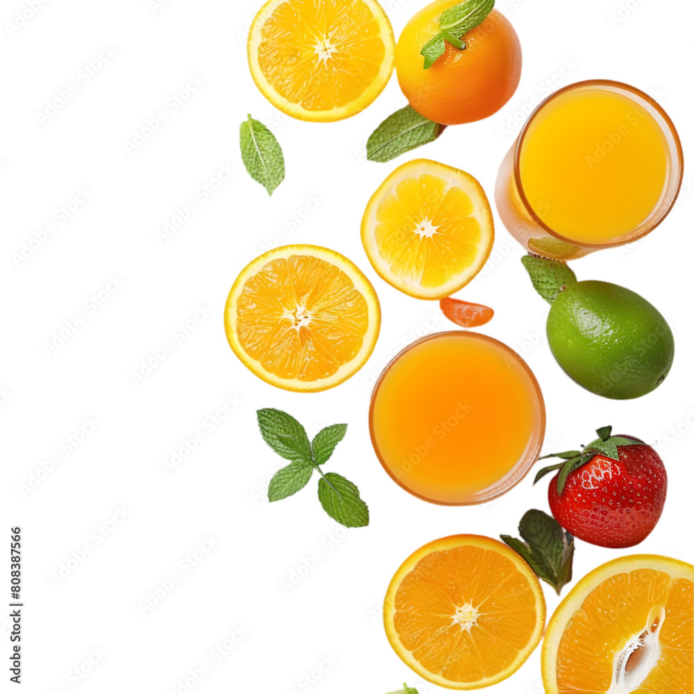 Orange juice and fruits on transparent background Orange juice and fruits on transparent background