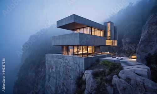 modern house on the edge of a cliff is lit up at night. The house is made of concrete and glass. The surrounding area is foggy. photo