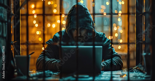 Hooded Figure Hacking Laptop Behind Bars in Dark Room with City Lights. Generated by AI photo