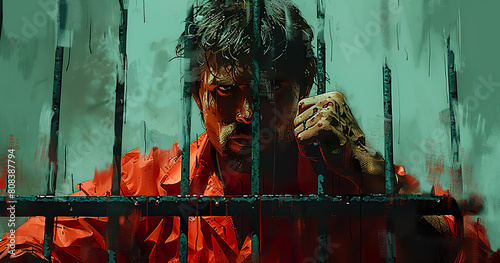Desperate Man in Orange Jumpsuit Trapped Behind Rusty Bars, Gripping them with Bloody Hands. Generated by AI photo