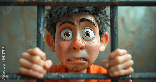 Sweating Young Boy with Large Eyes Grips Jail Bars in Fear and Despair. Generated by AI photo