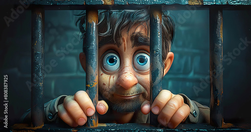 Hopeful Man with Big Blue Eyes Smiles Behind Rusted Jail Bars in a Dark Cell. Generated by AI photo