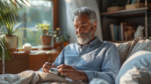 A man measures his blood sugar levels in the bedroom using a portable testing kit.