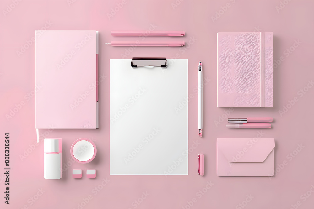 A clean mockup featuring a blank stationery set and desk accessories, perfect for presenting branding designs for corporate businesses and office supplies companies A clean mockup featuring a blank stationery set and desk accessories, perfect for presenting branding designs for corporate businesses and office supplies companies