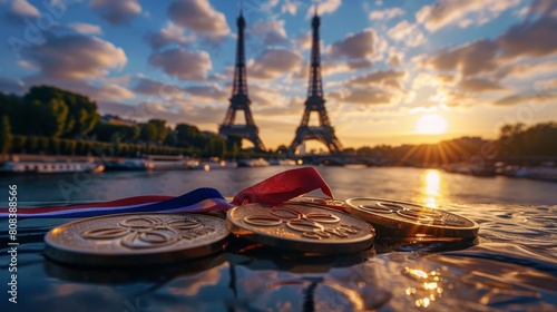 Olympic medals with the Eiffel Tower in the background. Paris Olympic Games concept photo