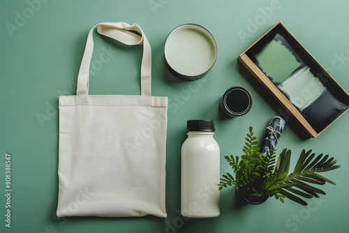 A clean mockup showcasing a blank canvas tote bag and screen printing materials, ideal for presenting custom merchandise designs for art festivals and events