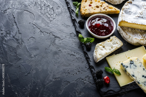 Gourmet cheese platter with a variety of cheeses, fresh herbs, and fruit accompaniments on a dark slate background. photo
