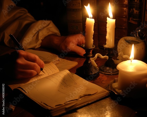 Historical reenactment 19th-century scholar writing candlelight candles hands