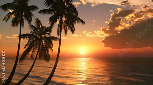 sunset beach scene with palm trees and a glowing horizon