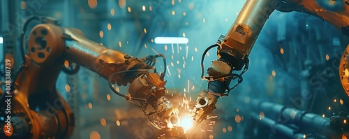 Portrait of a robot arm welding iron in a welding industrial factory
